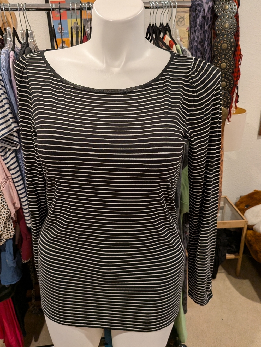 White House Black Market Black and White Striped Long Sleeve Top - L